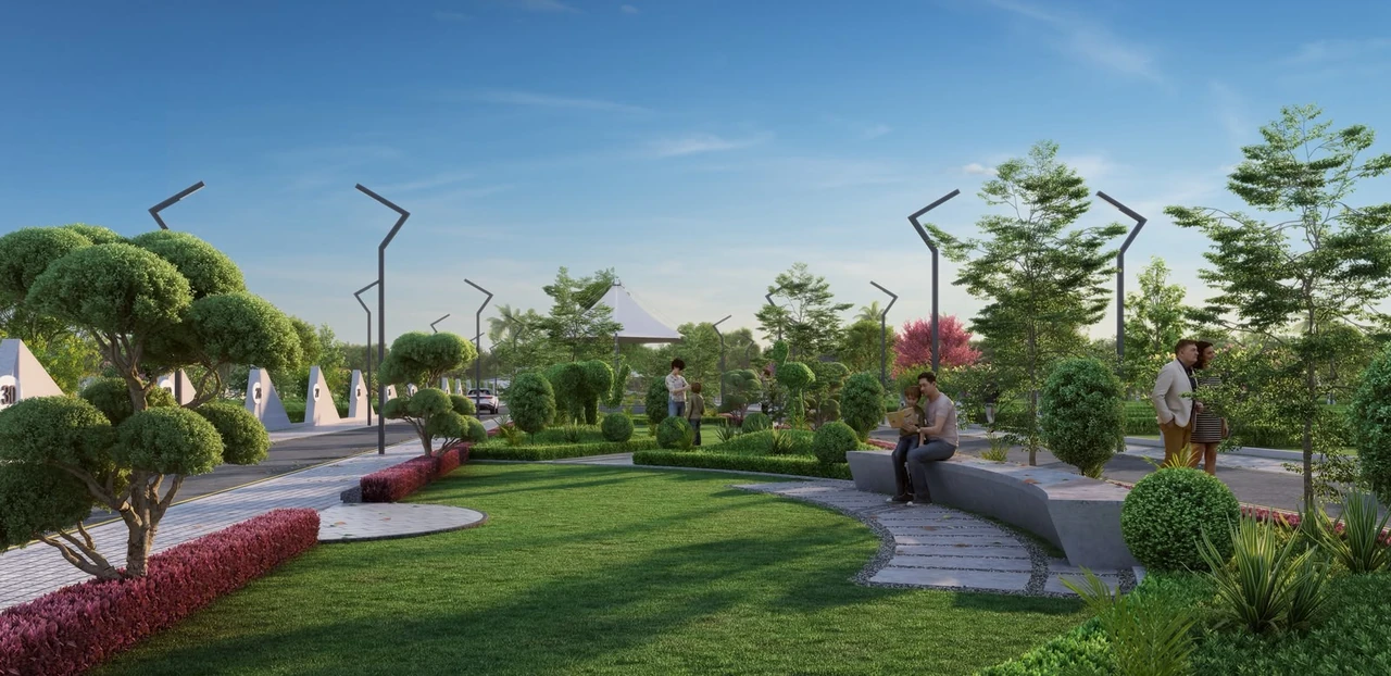 Open lawns and landscaped gardens at Valencia Town, artist’s impression